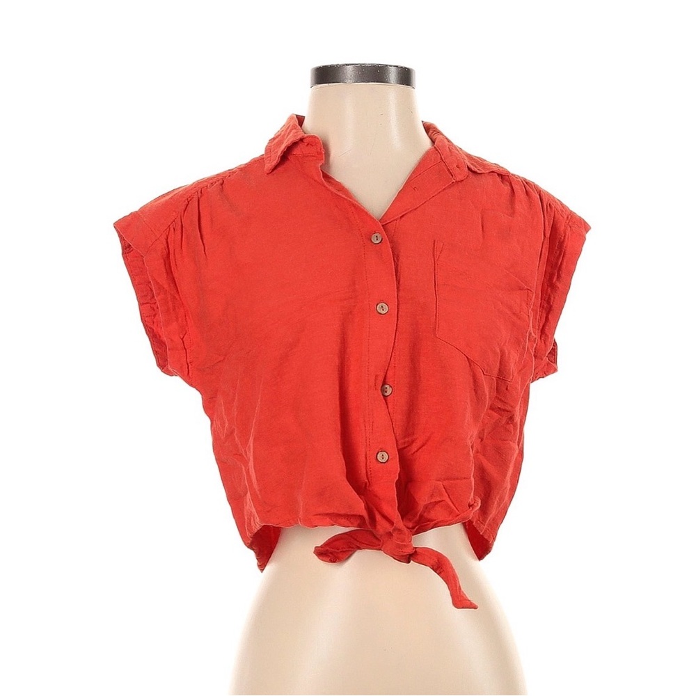 Red Tie-Front Button-Down Crop Blouse